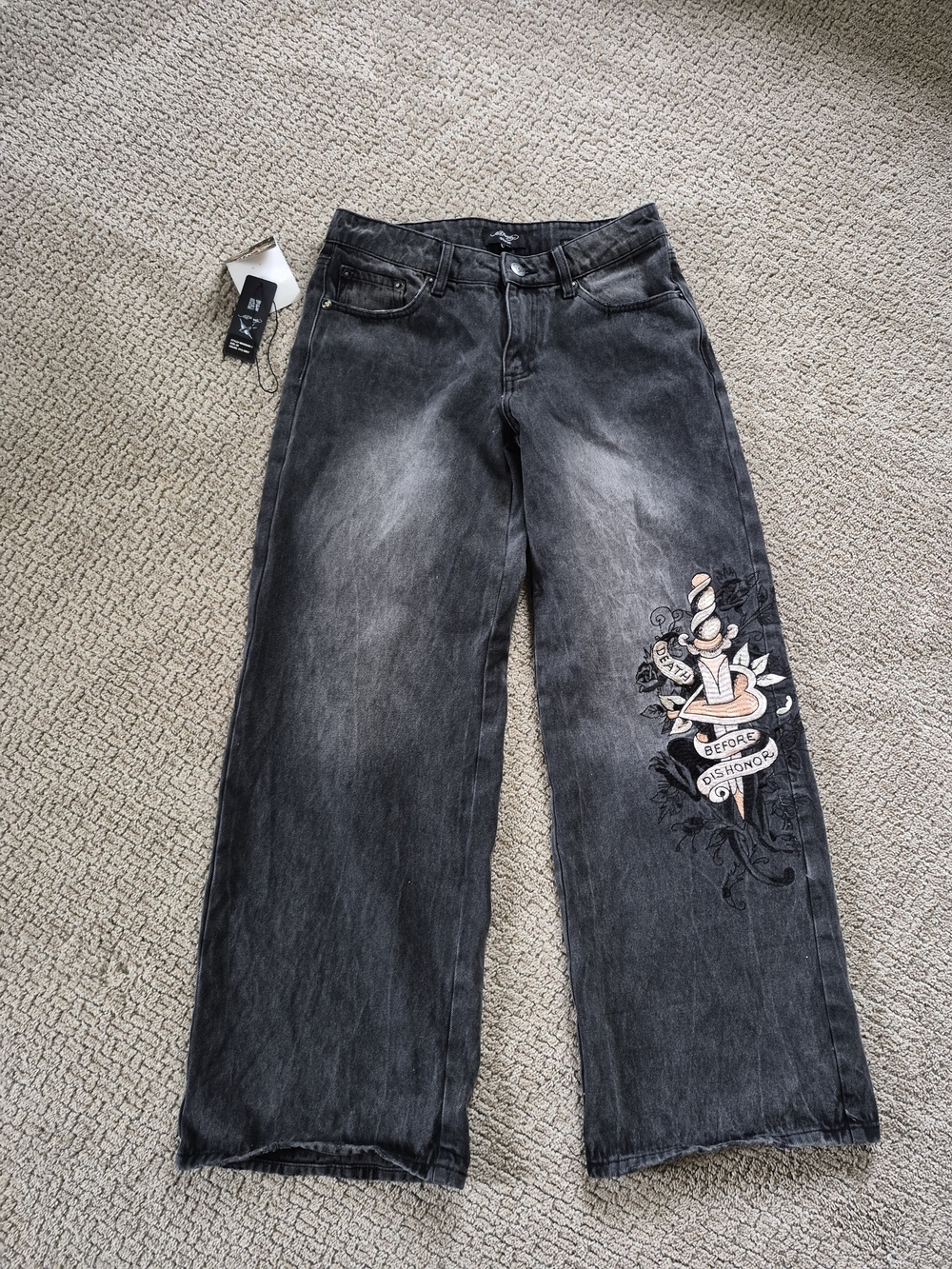 Ed Hardy Washed Black Wide-Leg Jeans with Embroidered Snake and Banner